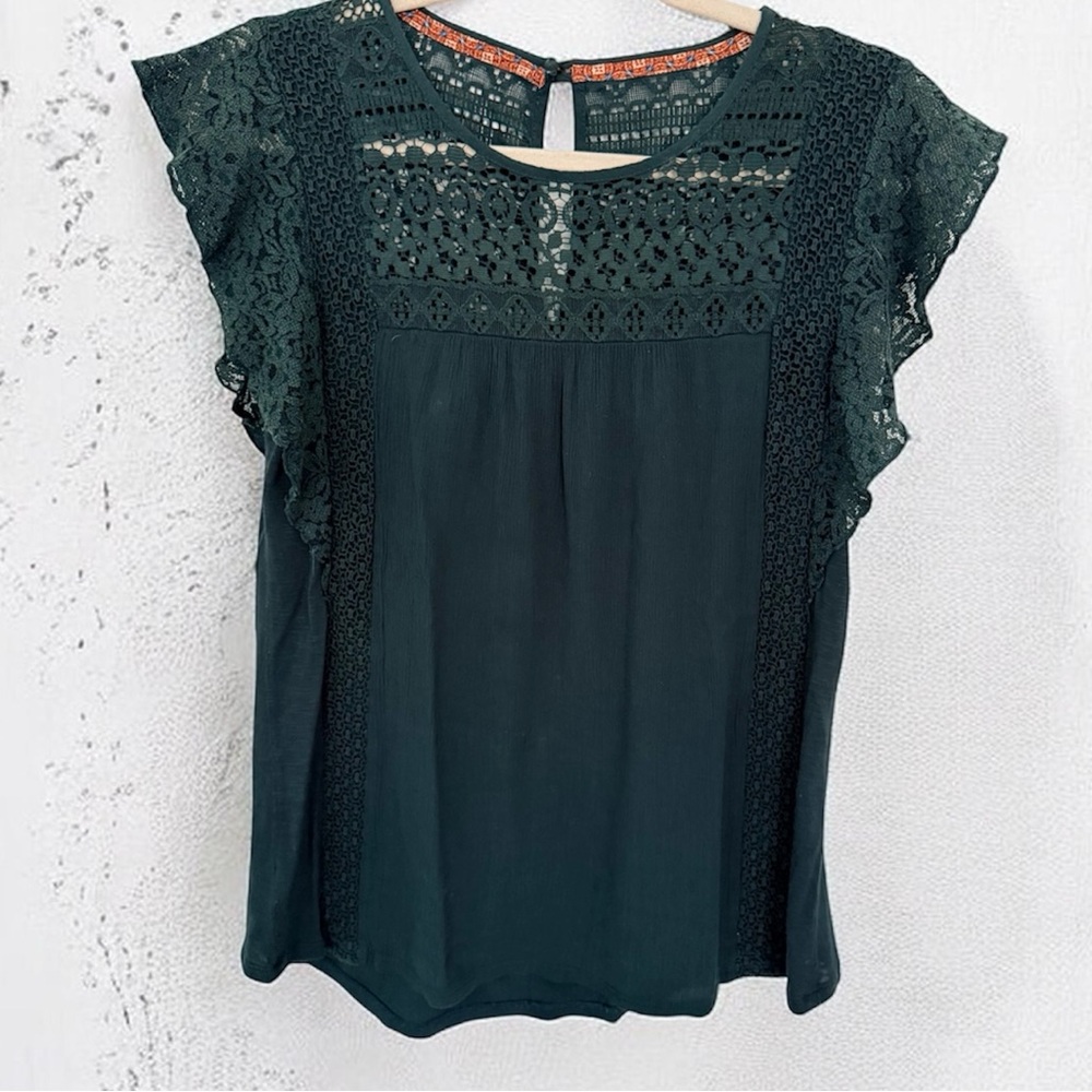 Knox Rose Dark Green Lace Ruffle Sleeve Flowy Boho Top Size XS